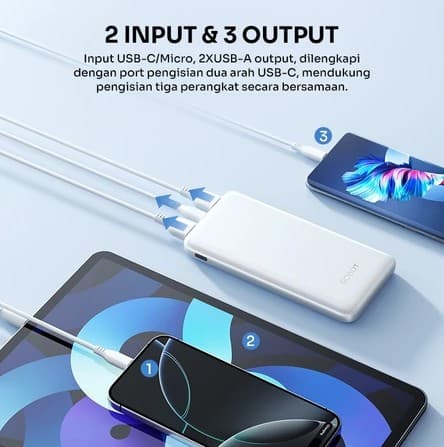 ROBOT Power Bank RT12 RT180S 10000mAh - 3 Output, Dual Input Type-C & Micro, Fast Charging 12W, Slim & Ringan
